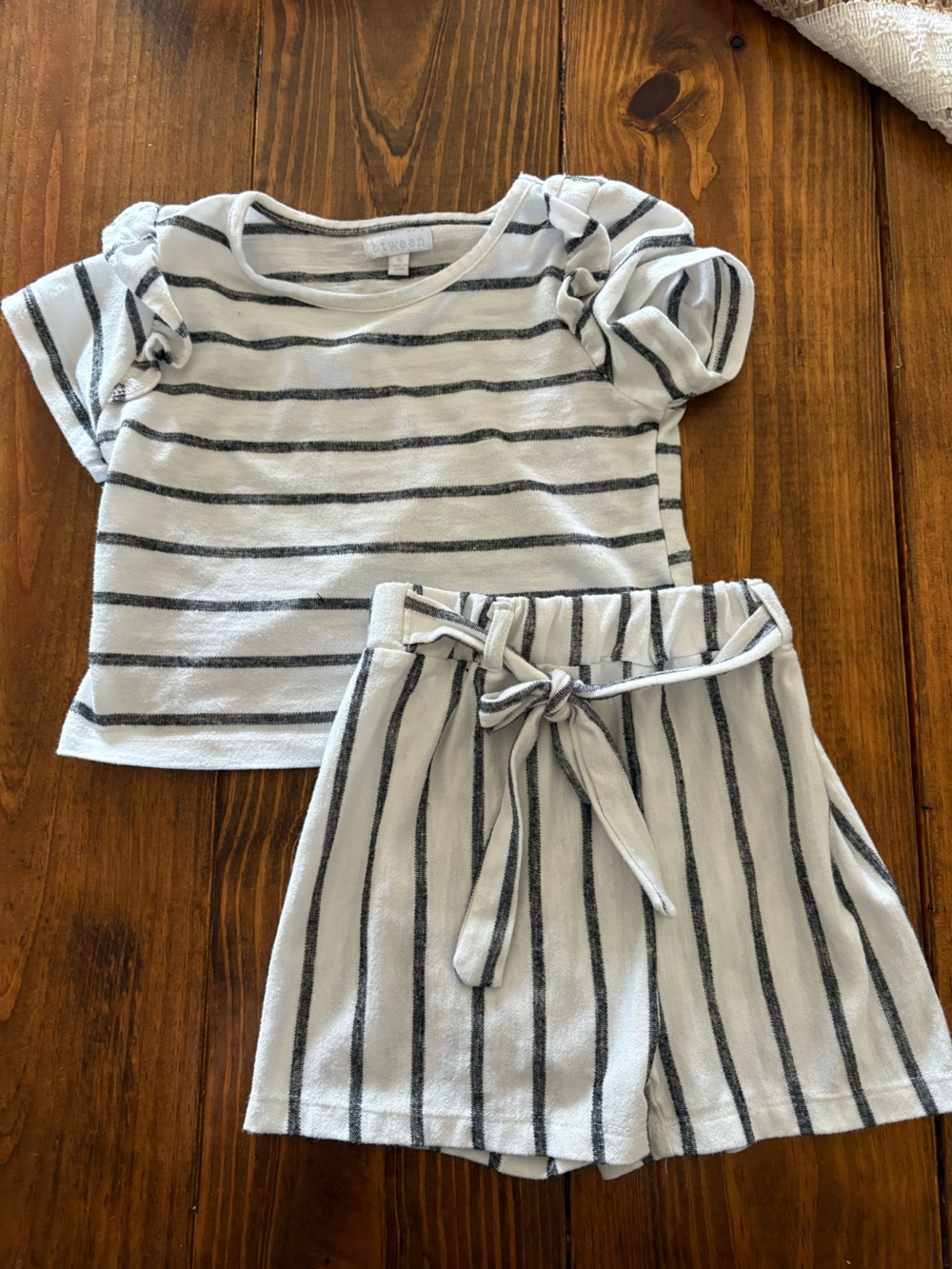 btween White and Black Striped Girls Matching Top & Shorts Set